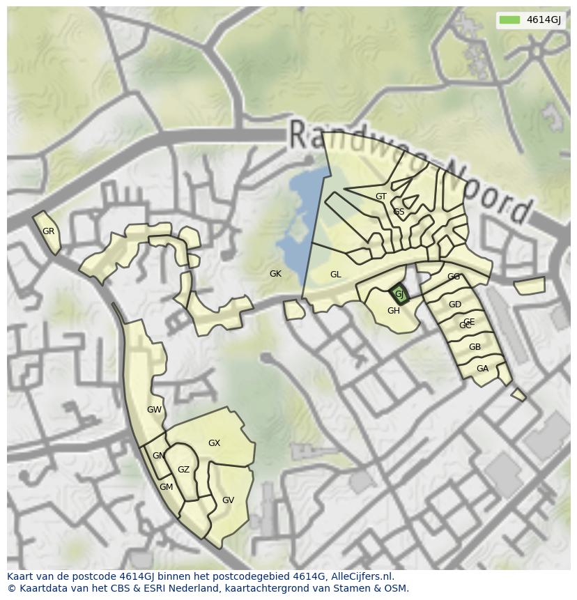 Afbeelding van het postcodegebied 4614 GJ op de kaart.