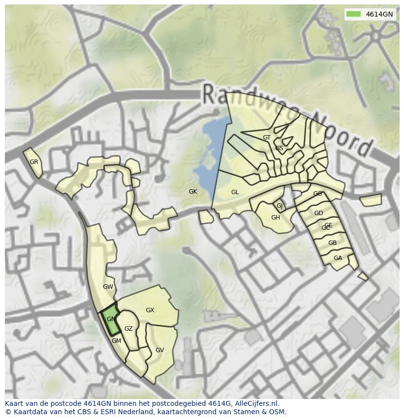 Afbeelding van het postcodegebied 4614 GN op de kaart.