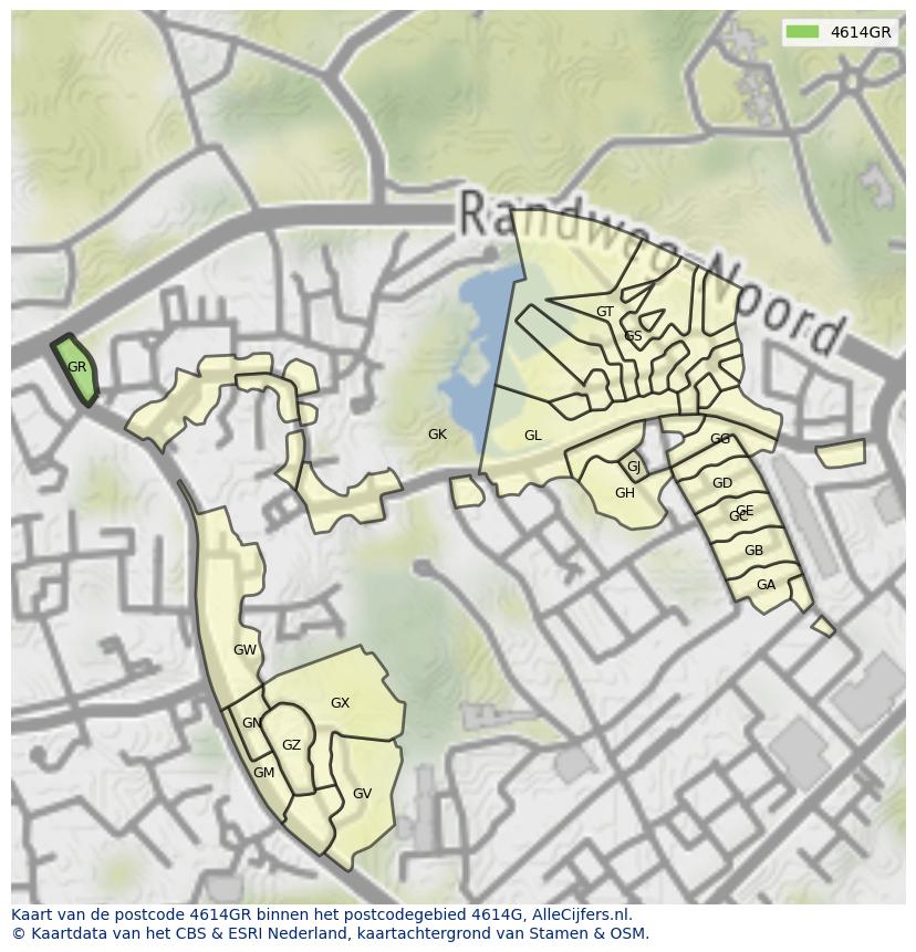 Afbeelding van het postcodegebied 4614 GR op de kaart.