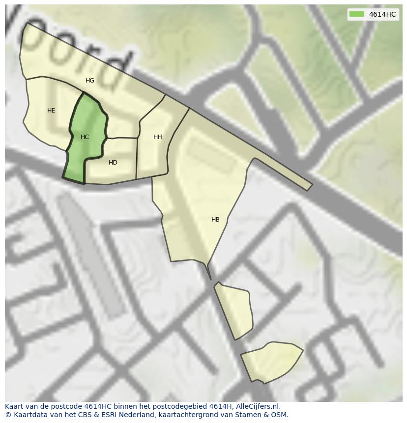 Afbeelding van het postcodegebied 4614 HC op de kaart.