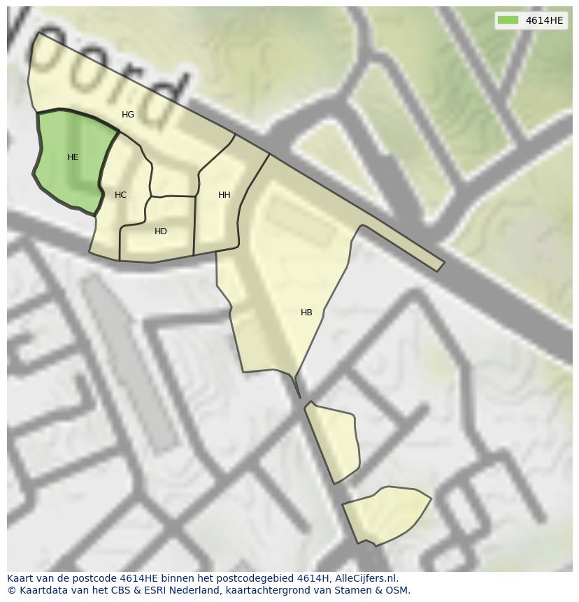 Afbeelding van het postcodegebied 4614 HE op de kaart.