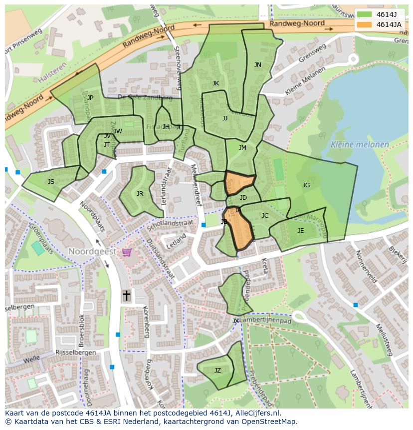 Afbeelding van het postcodegebied 4614 JA op de kaart.