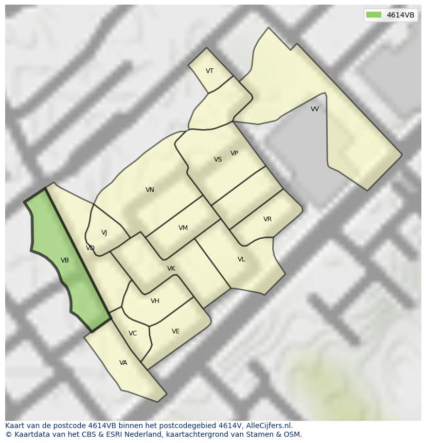 Afbeelding van het postcodegebied 4614 VB op de kaart.