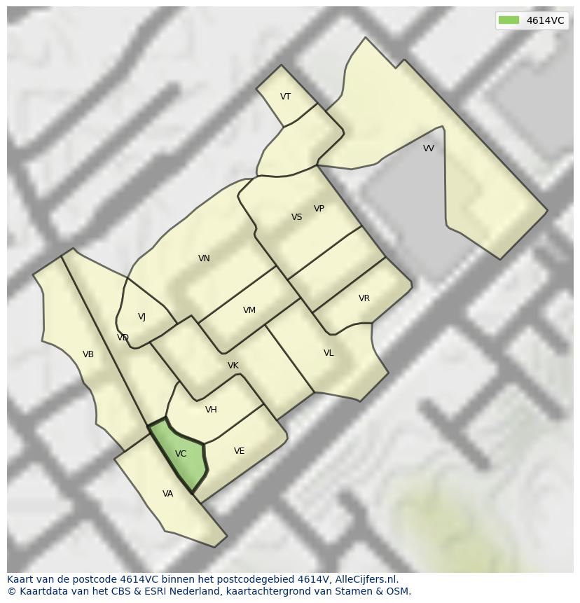 Afbeelding van het postcodegebied 4614 VC op de kaart.