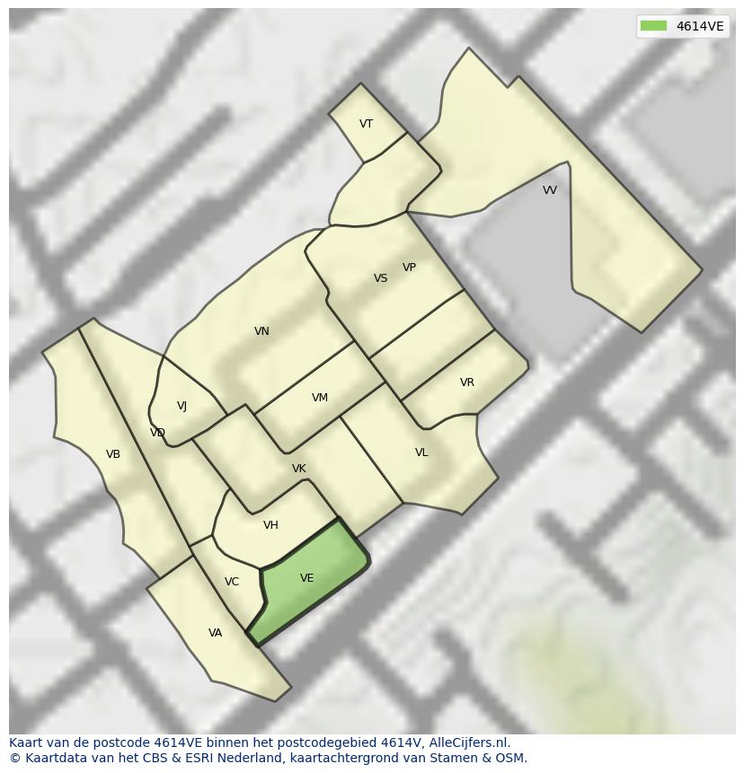 Afbeelding van het postcodegebied 4614 VE op de kaart.