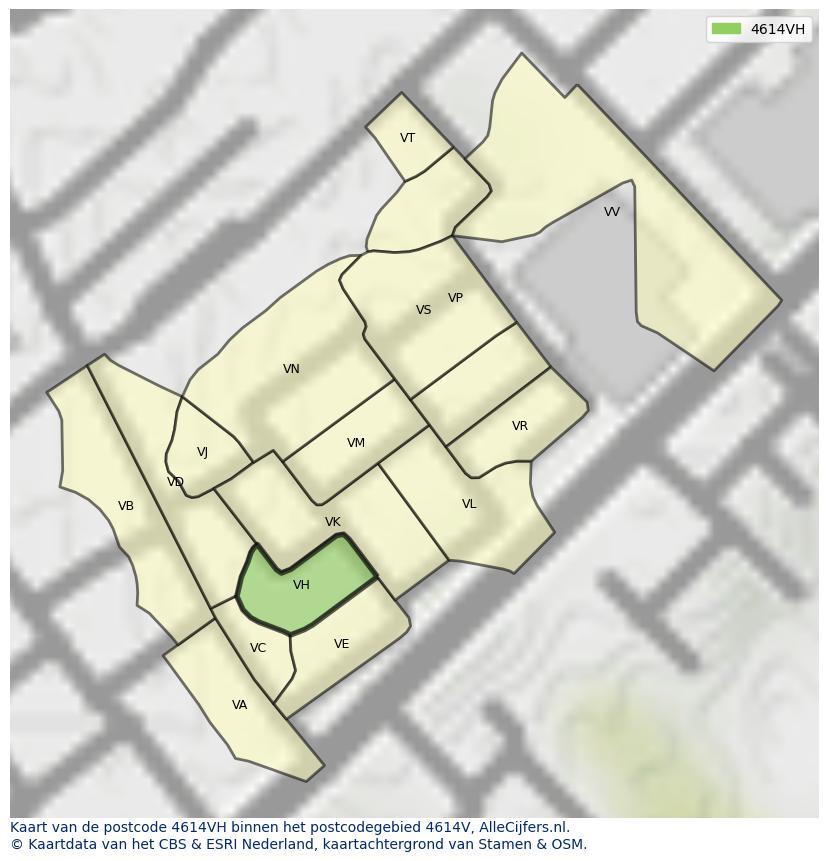 Afbeelding van het postcodegebied 4614 VH op de kaart.