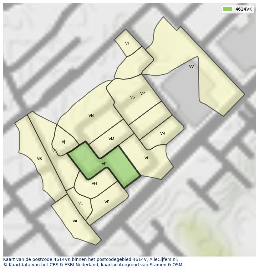Afbeelding van het postcodegebied 4614 VK op de kaart.