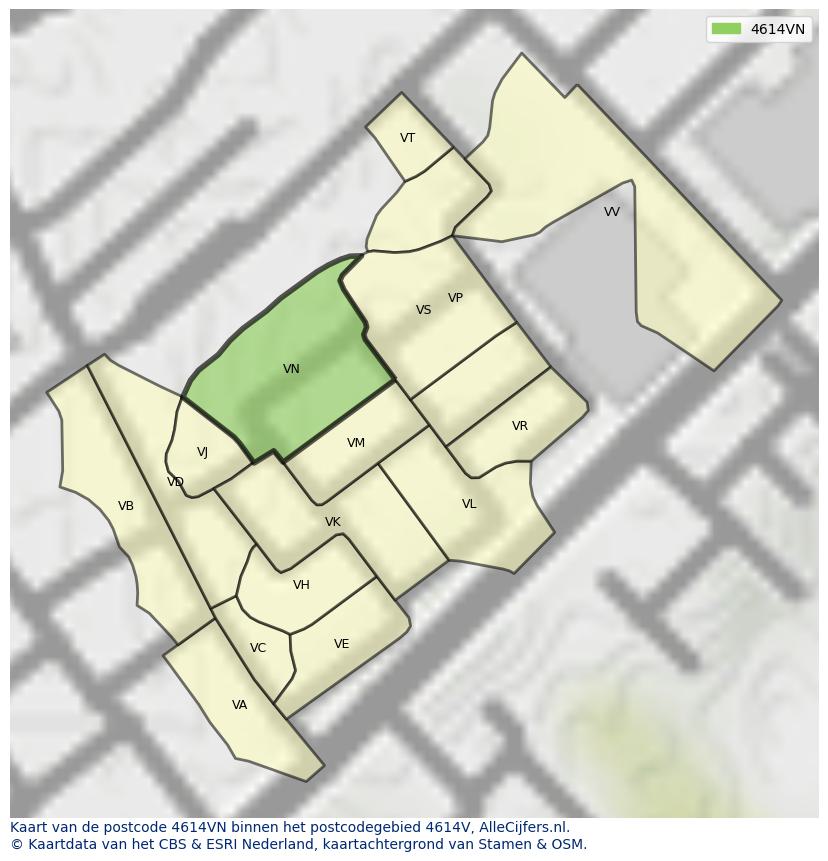Afbeelding van het postcodegebied 4614 VN op de kaart.