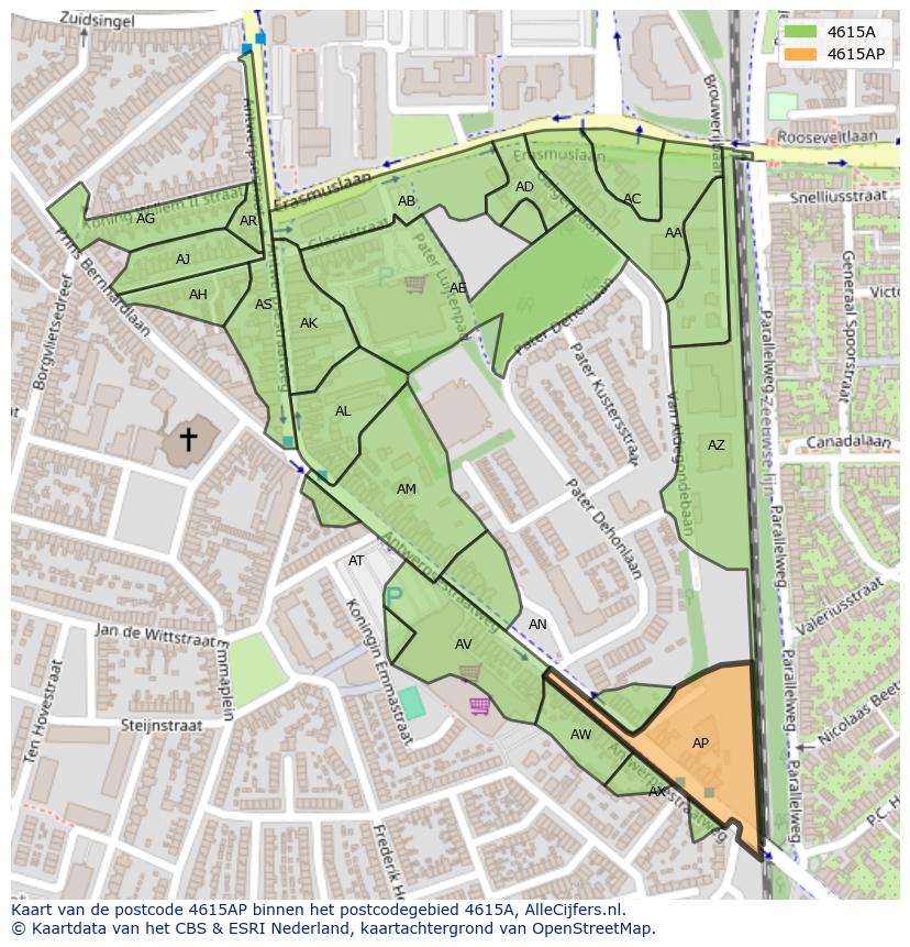 Afbeelding van het postcodegebied 4615 AP op de kaart.