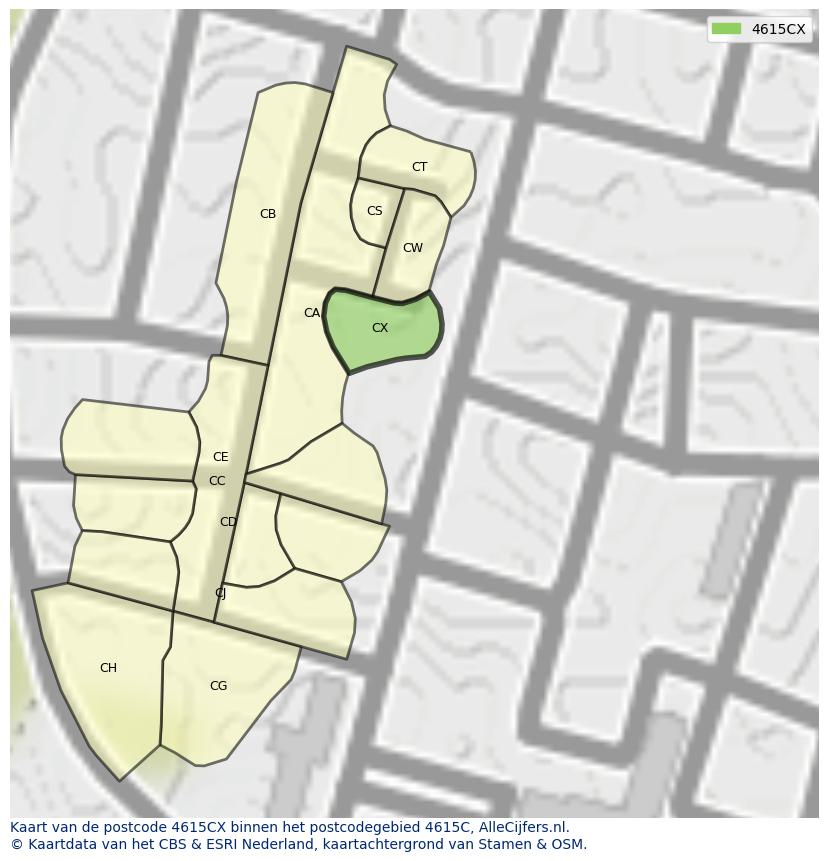 Afbeelding van het postcodegebied 4615 CX op de kaart.