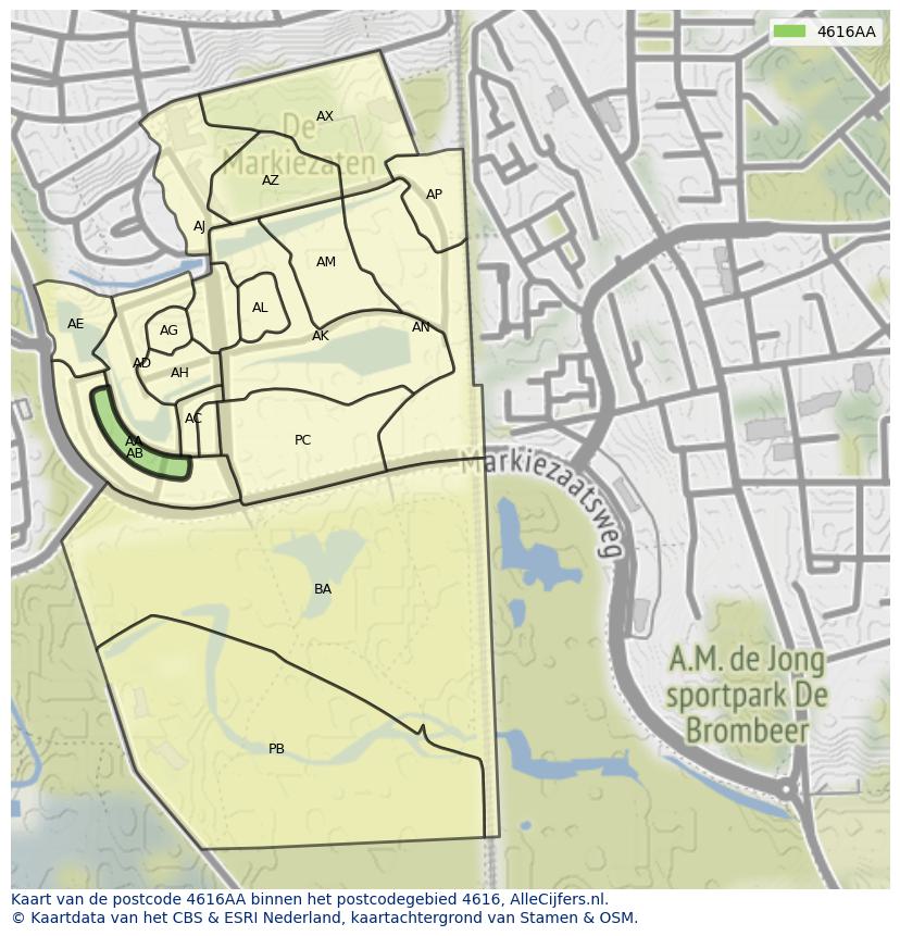 Afbeelding van het postcodegebied 4616 AA op de kaart.