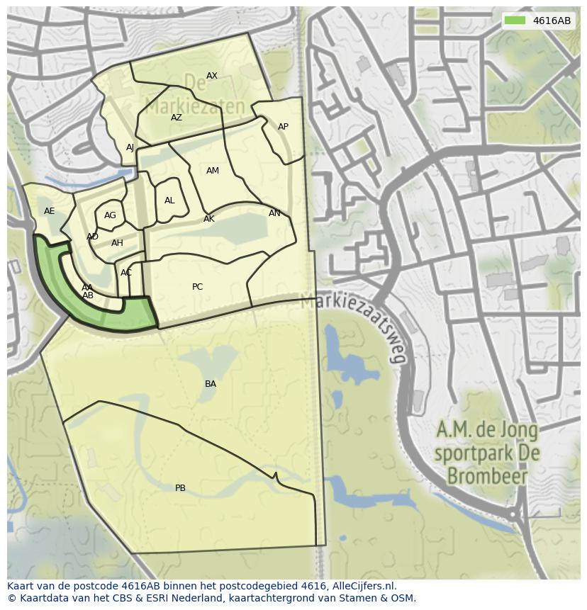 Afbeelding van het postcodegebied 4616 AB op de kaart.