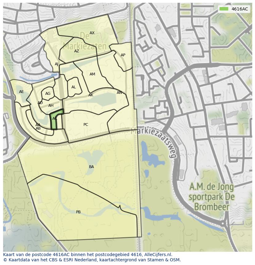 Afbeelding van het postcodegebied 4616 AC op de kaart.