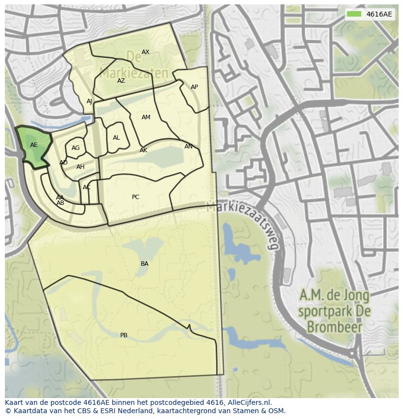 Afbeelding van het postcodegebied 4616 AE op de kaart.