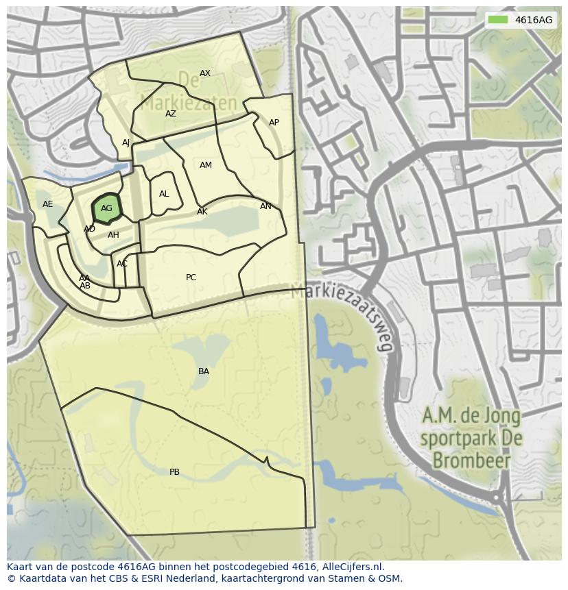 Afbeelding van het postcodegebied 4616 AG op de kaart.