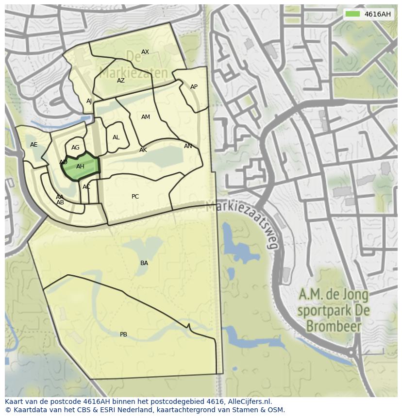 Afbeelding van het postcodegebied 4616 AH op de kaart.