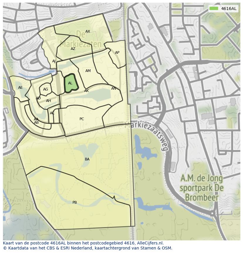 Afbeelding van het postcodegebied 4616 AL op de kaart.