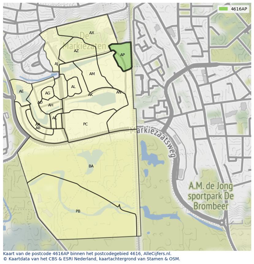 Afbeelding van het postcodegebied 4616 AP op de kaart.