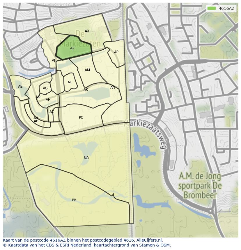 Afbeelding van het postcodegebied 4616 AZ op de kaart.