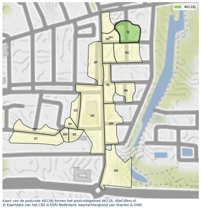 Afbeelding van het postcodegebied 4621 BJ op de kaart.