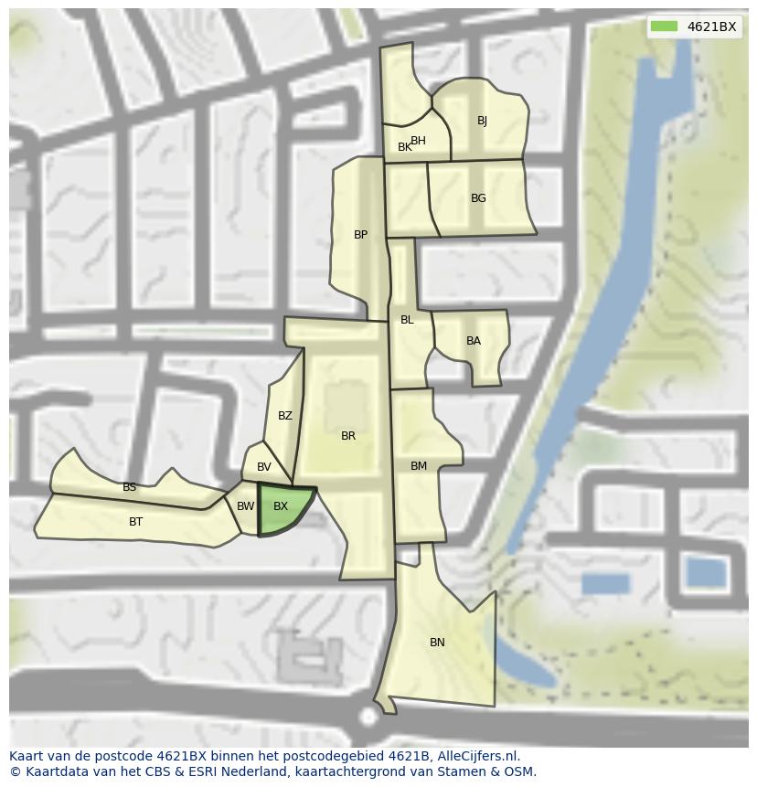 Afbeelding van het postcodegebied 4621 BX op de kaart.
