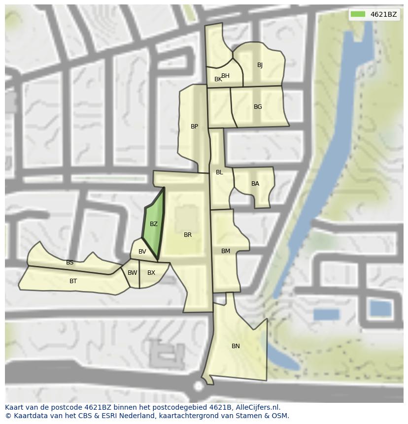 Afbeelding van het postcodegebied 4621 BZ op de kaart.