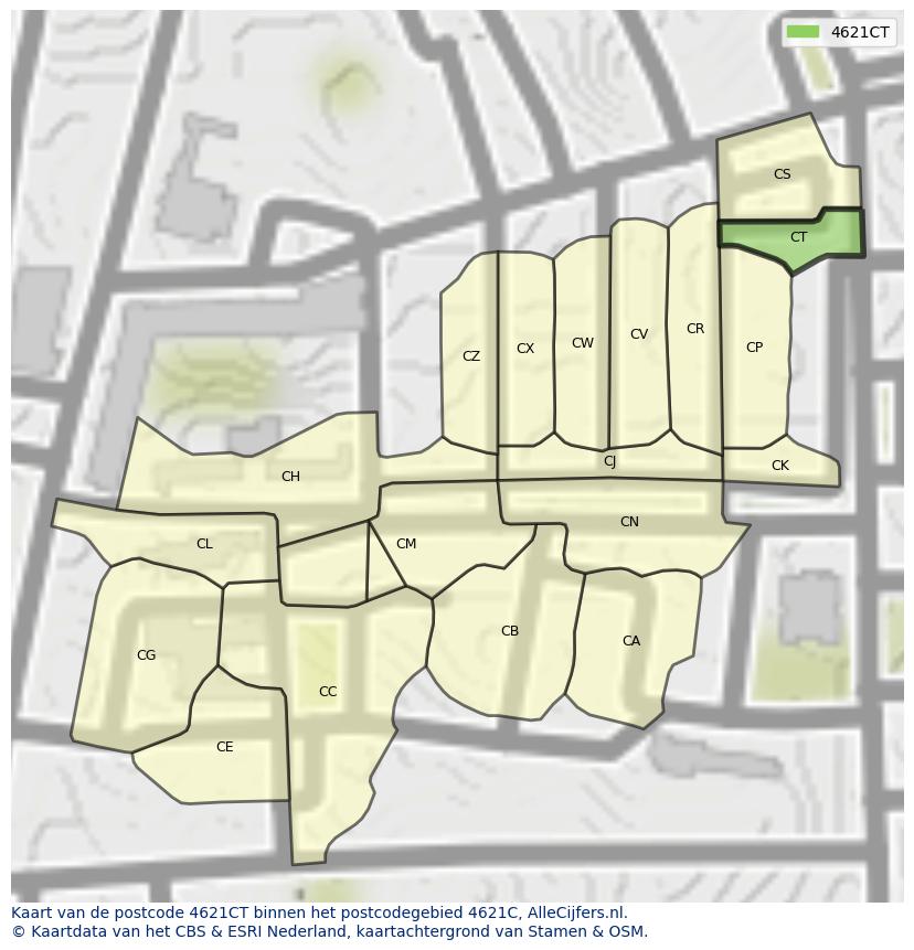 Afbeelding van het postcodegebied 4621 CT op de kaart.