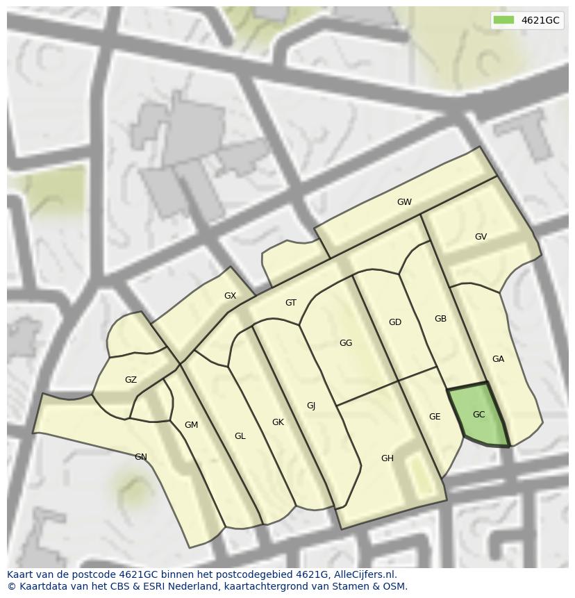 Afbeelding van het postcodegebied 4621 GC op de kaart.