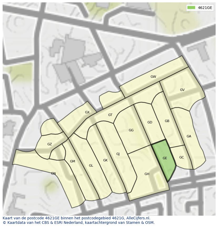 Afbeelding van het postcodegebied 4621 GE op de kaart.