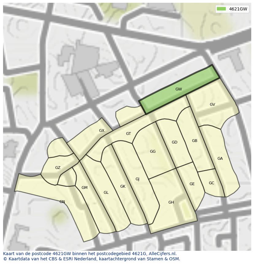 Afbeelding van het postcodegebied 4621 GW op de kaart.