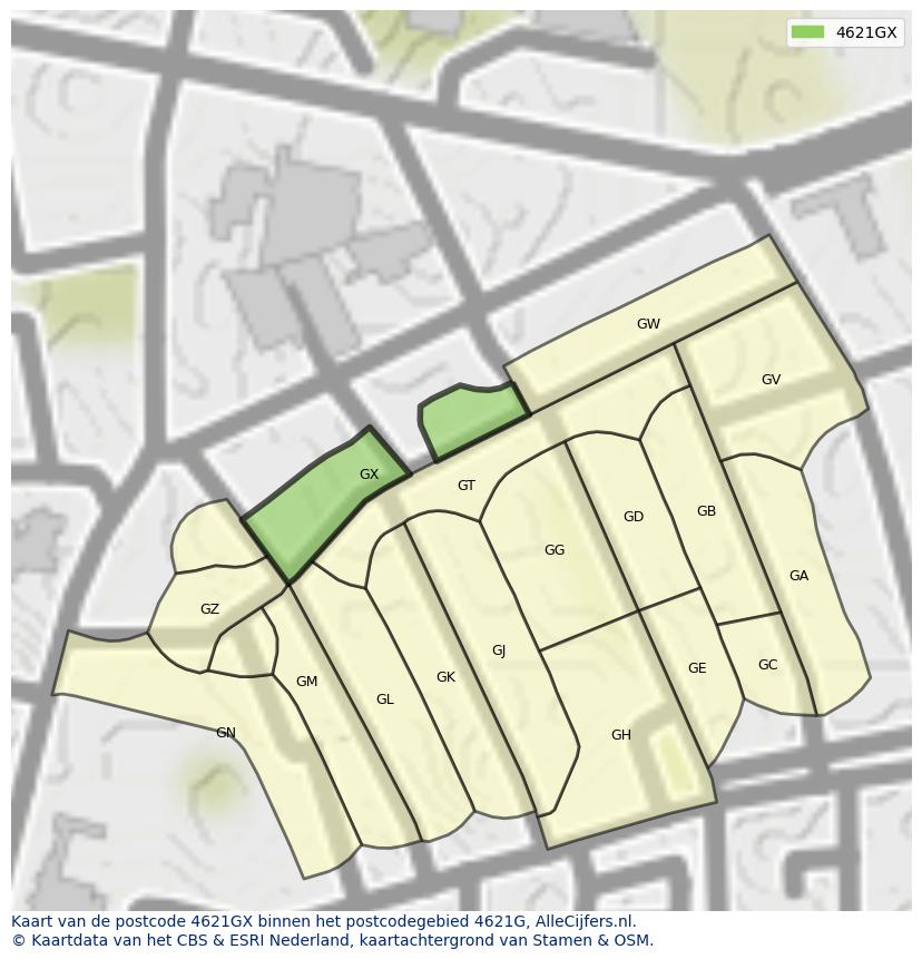 Afbeelding van het postcodegebied 4621 GX op de kaart.