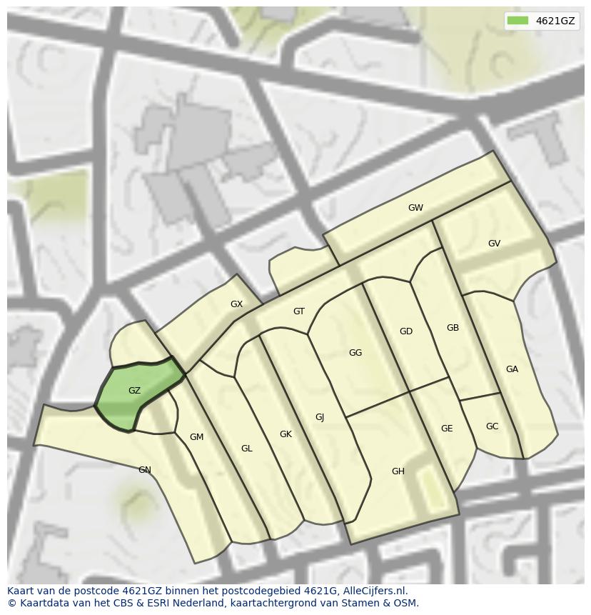 Afbeelding van het postcodegebied 4621 GZ op de kaart.