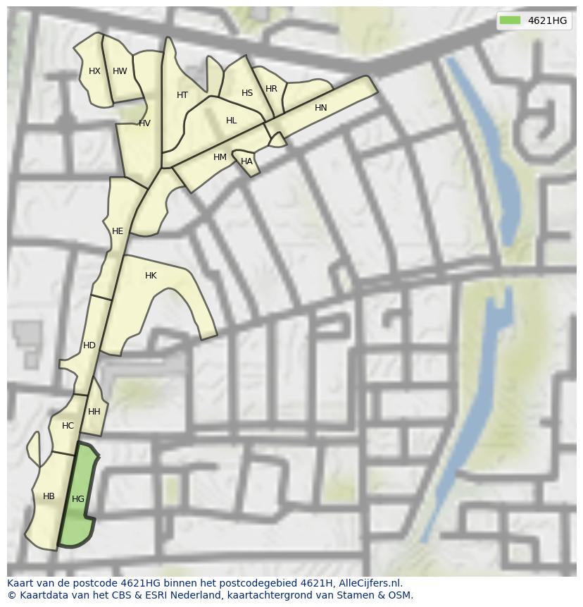 Afbeelding van het postcodegebied 4621 HG op de kaart.