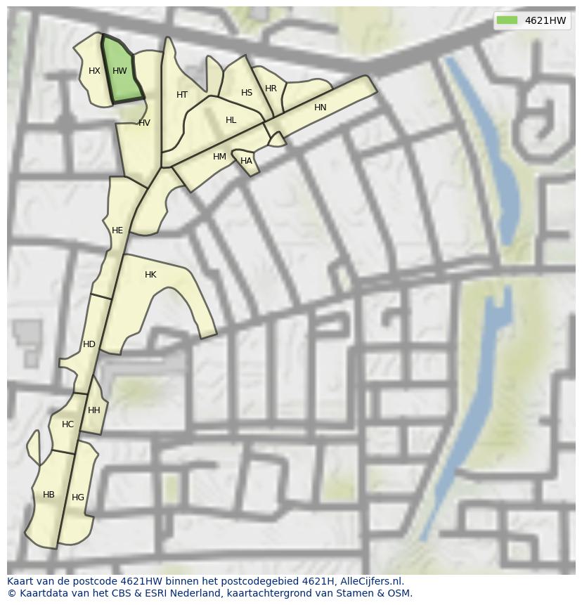 Afbeelding van het postcodegebied 4621 HW op de kaart.