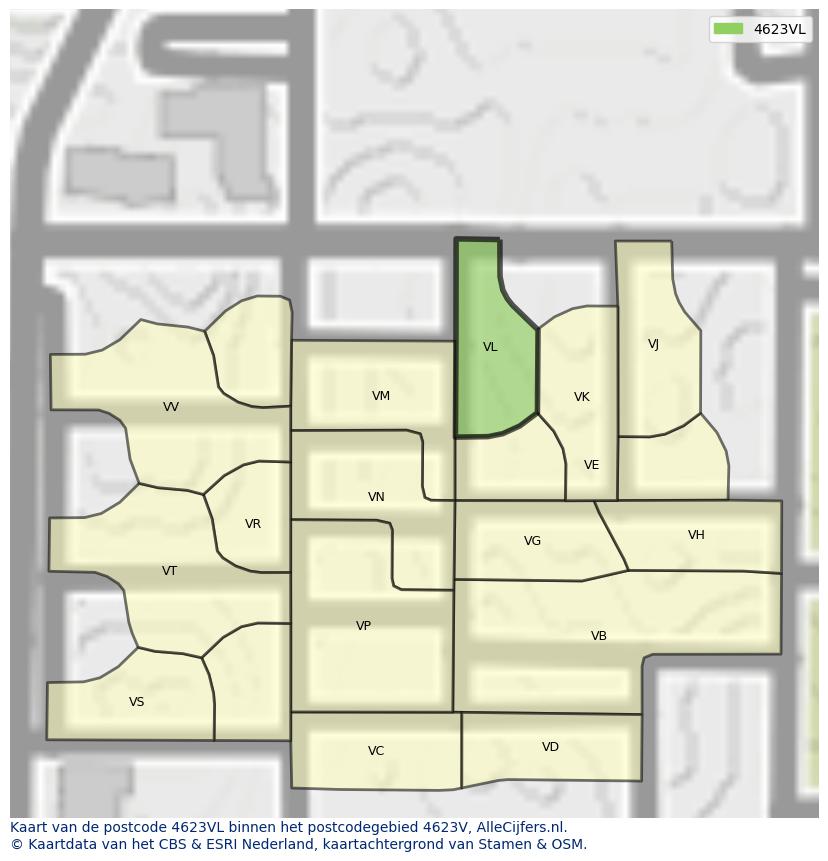 Afbeelding van het postcodegebied 4623 VL op de kaart.