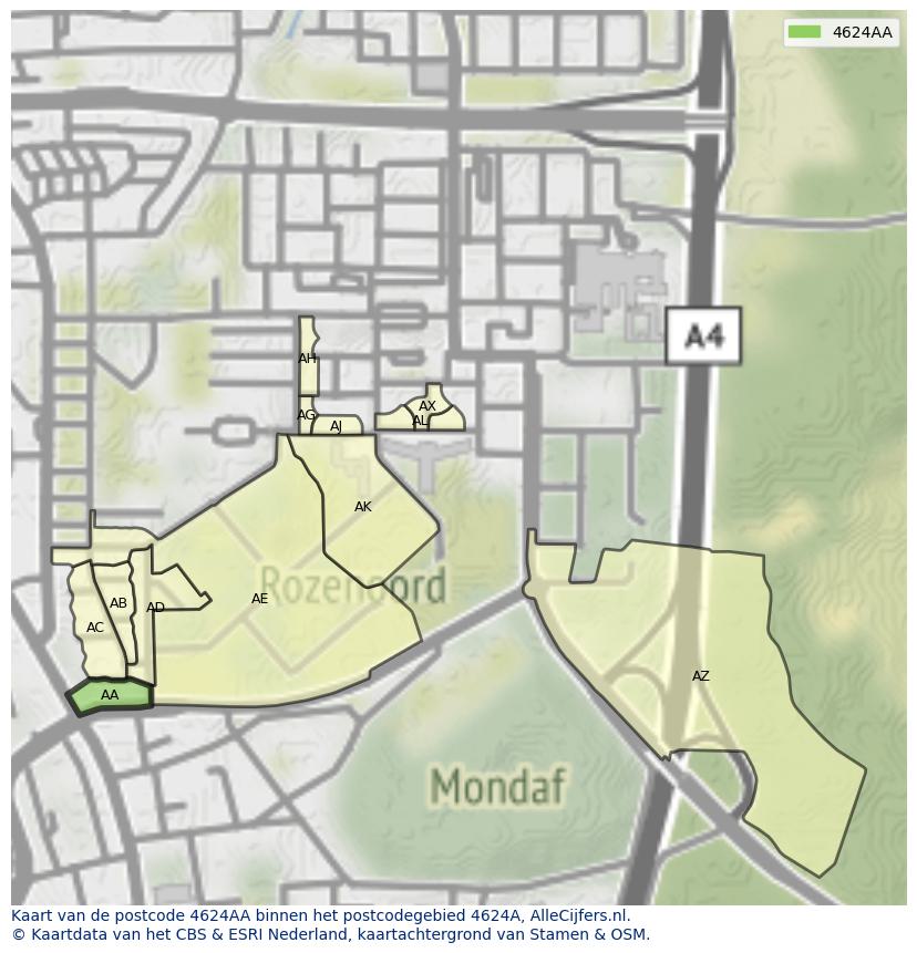 Afbeelding van het postcodegebied 4624 AA op de kaart.
