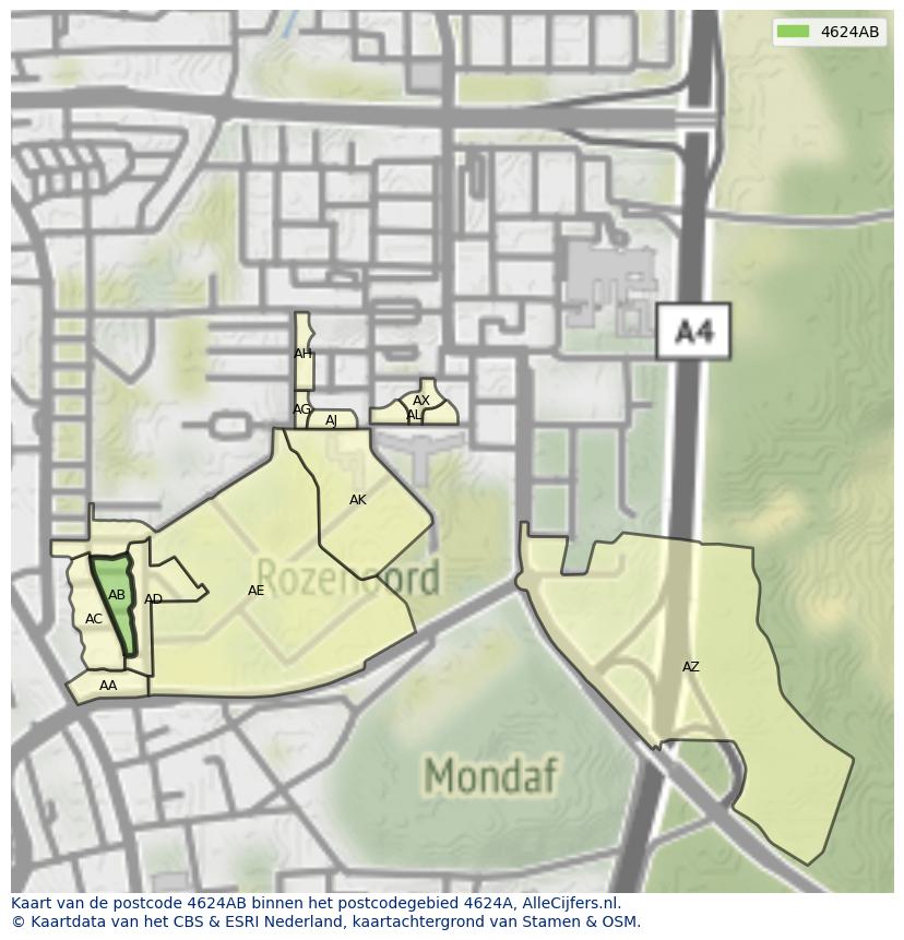 Afbeelding van het postcodegebied 4624 AB op de kaart.