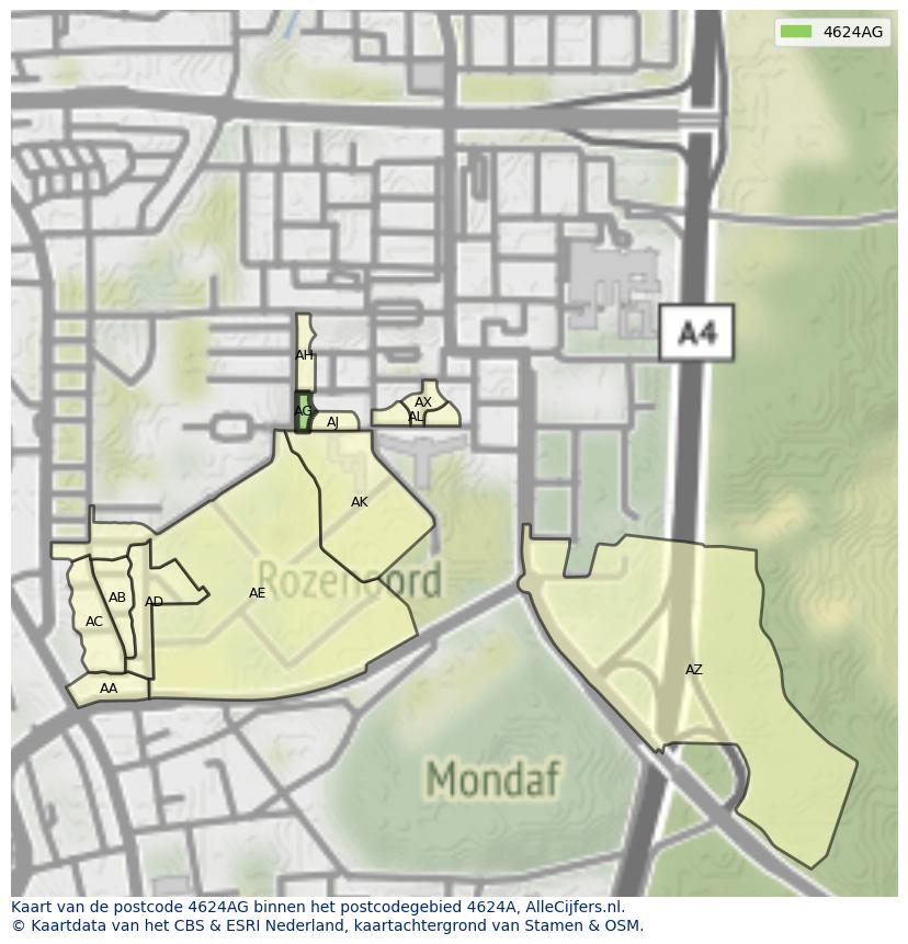 Afbeelding van het postcodegebied 4624 AG op de kaart.