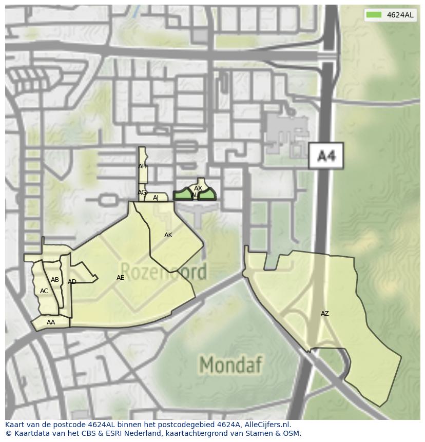Afbeelding van het postcodegebied 4624 AL op de kaart.