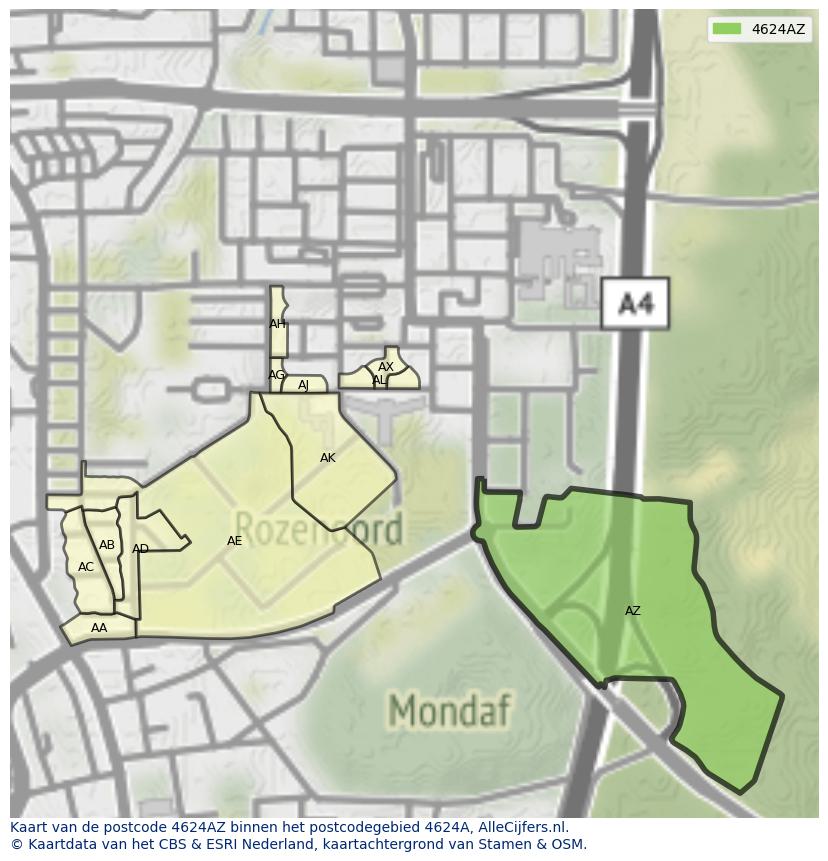 Afbeelding van het postcodegebied 4624 AZ op de kaart.