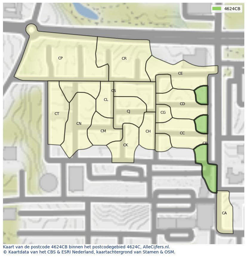 Afbeelding van het postcodegebied 4624 CB op de kaart.