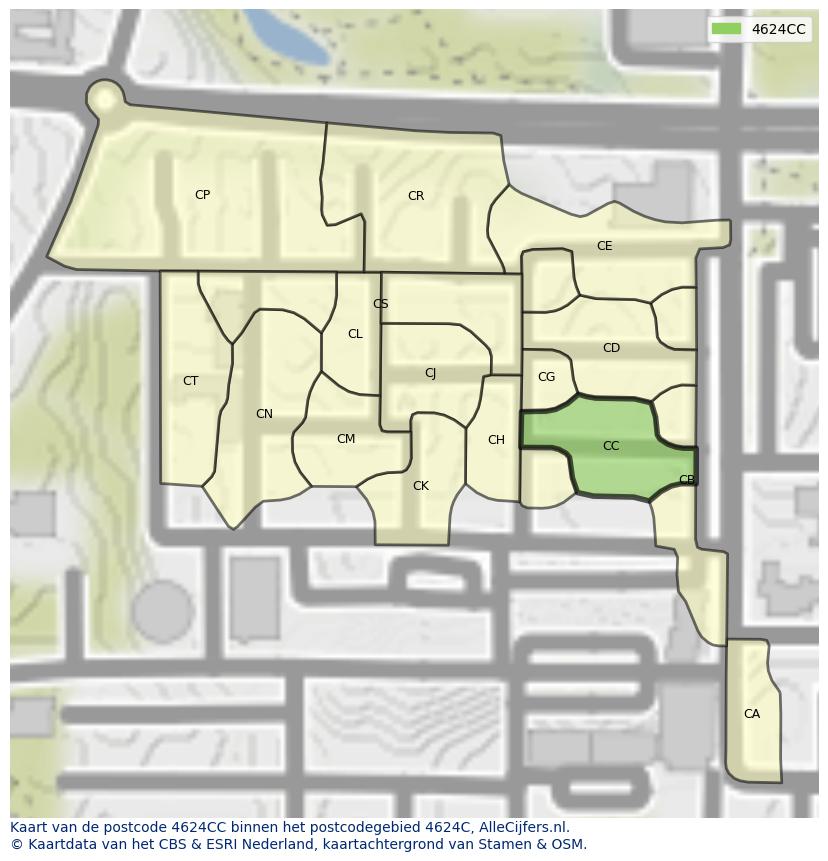 Afbeelding van het postcodegebied 4624 CC op de kaart.