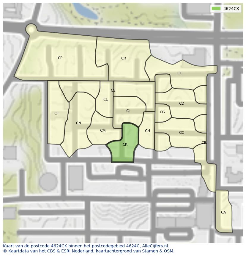 Afbeelding van het postcodegebied 4624 CK op de kaart.