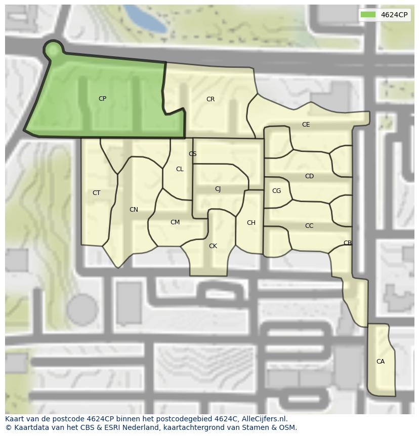 Afbeelding van het postcodegebied 4624 CP op de kaart.