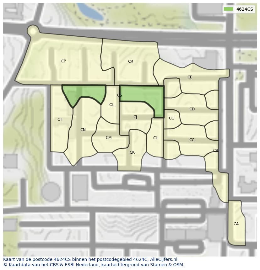 Afbeelding van het postcodegebied 4624 CS op de kaart.