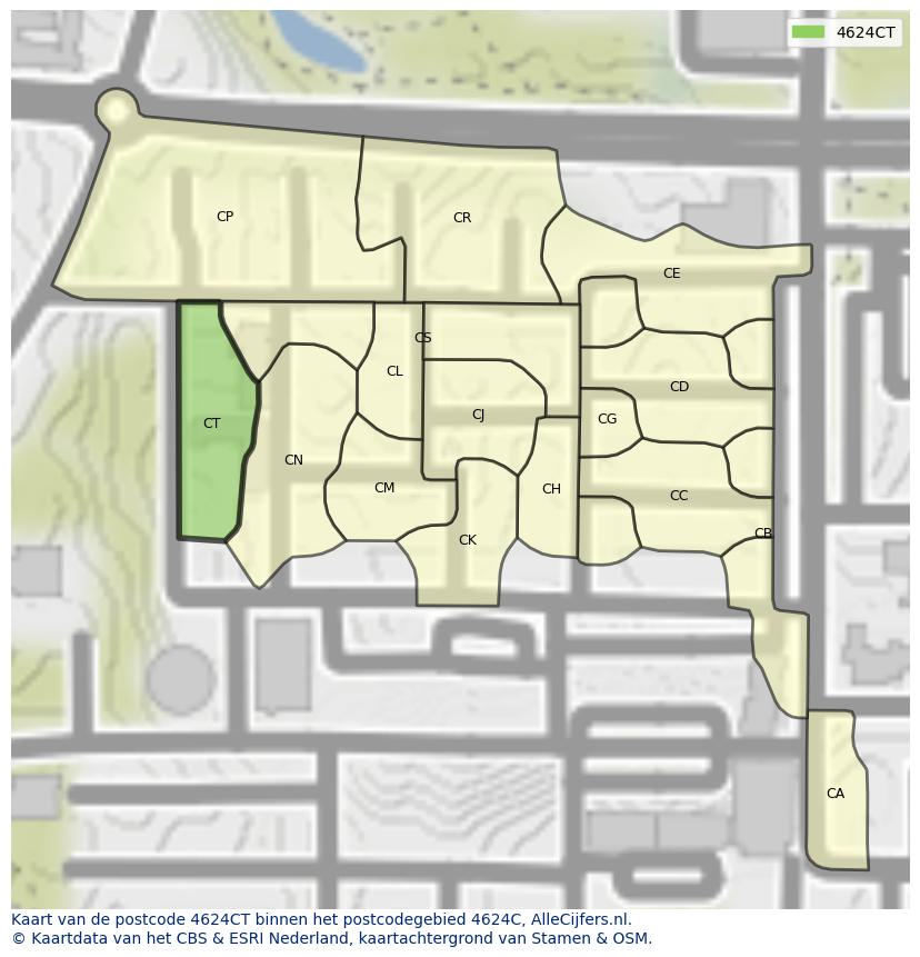 Afbeelding van het postcodegebied 4624 CT op de kaart.