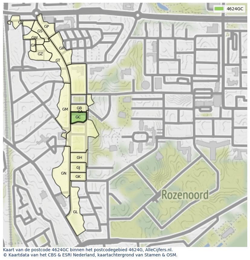 Afbeelding van het postcodegebied 4624 GC op de kaart.