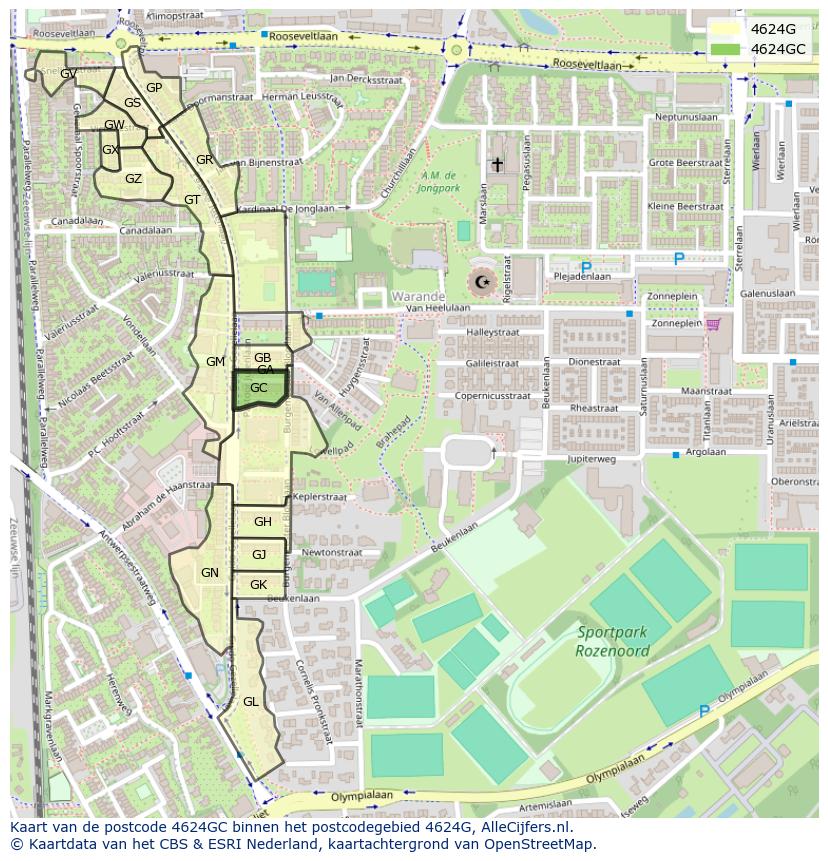 Afbeelding van het postcodegebied 4624 GC op de kaart.