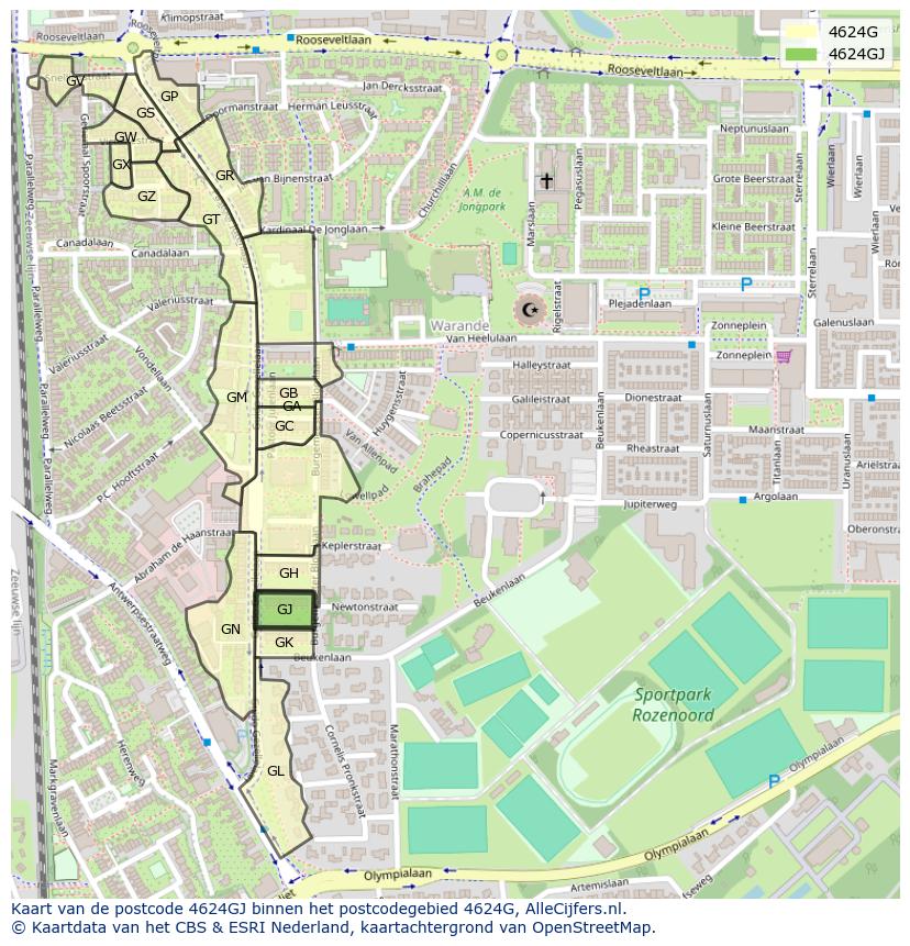 Afbeelding van het postcodegebied 4624 GJ op de kaart.