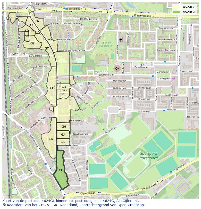 Afbeelding van het postcodegebied 4624 GL op de kaart.